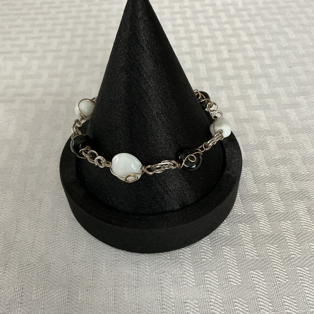 Black and White Glass Silver and Gold Tone Toggle Bracelet